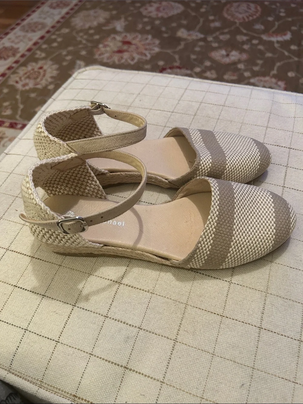 Eric Michael Striped Ankle-Strap Espadrilles in Taupe and Cream